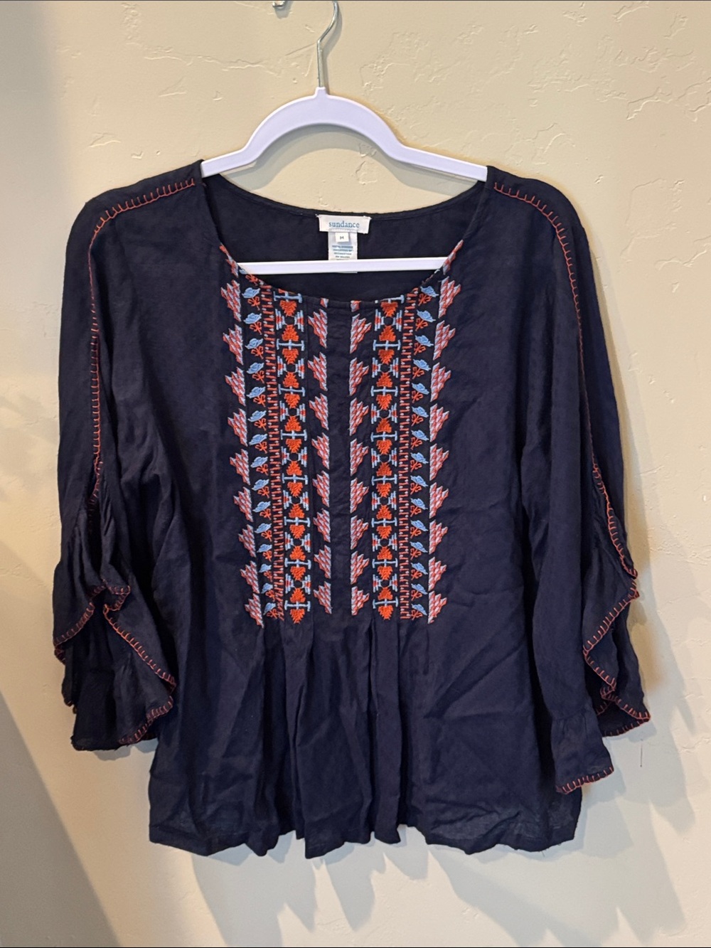 Sundance Navy Embroidered Boho Peasant Blouse